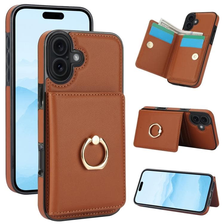 For iPhone 17 RFID Anti-theft Card Ring Holder Phone Case(Brown) - Immagine 1