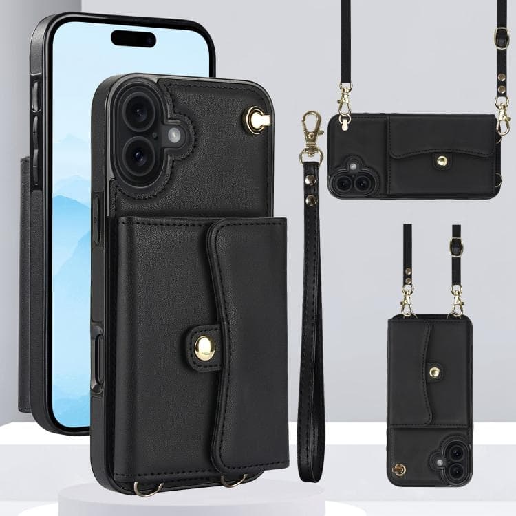 For iPhone 17 RFID Card Slot Phone Case with Long Lanyard(Black) - Immagine 1