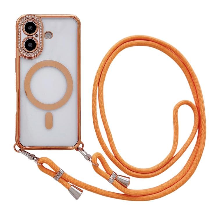 For iPhone 17 Rhinestone Clear Acrylic Electroplated Magnetic Phone Case with Neck Lanyard(Orange) - Immagine 1