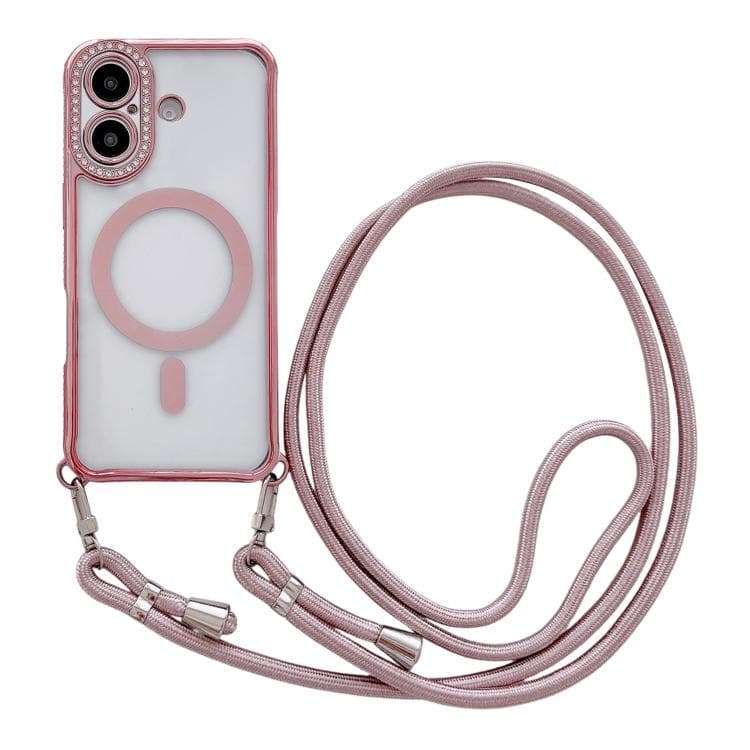 For iPhone 17 Rhinestone Clear Acrylic Electroplated Magnetic Phone Case with Neck Lanyard(Pink) - Immagine 1