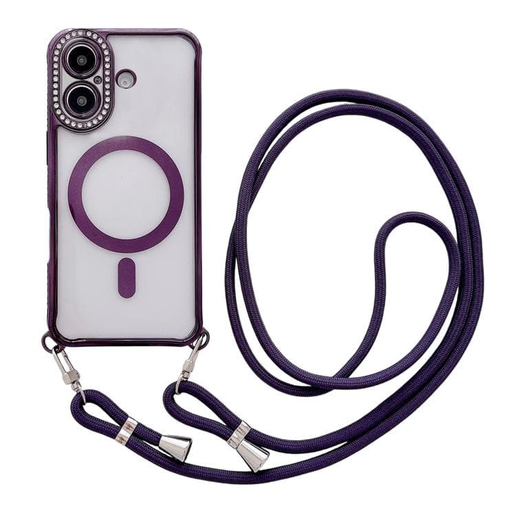 For iPhone 17 Rhinestone Clear Acrylic Electroplated Magnetic Phone Case with Neck Lanyard(Purple) - Immagine 1