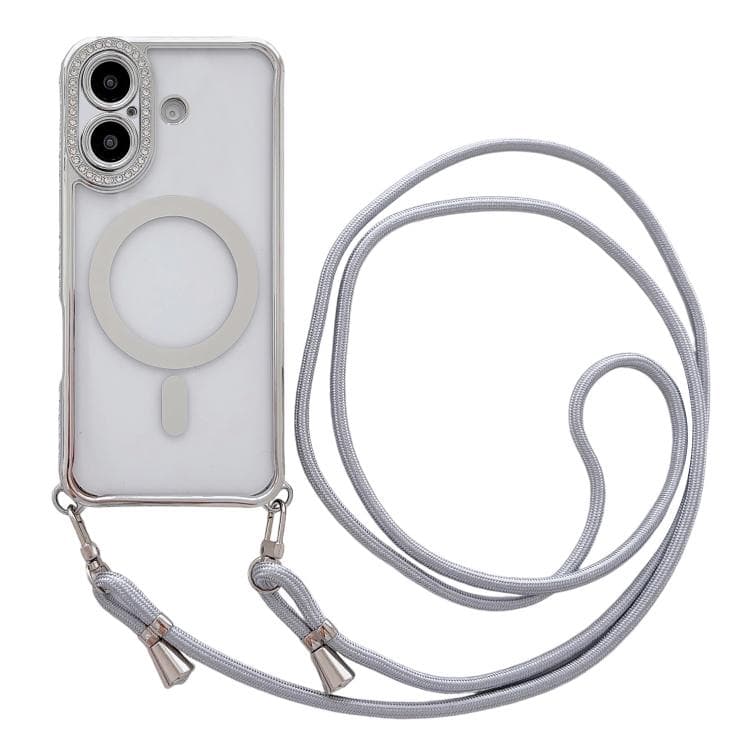 For iPhone 17 Rhinestone Clear Acrylic Electroplated Magnetic Phone Case with Neck Lanyard(Silver) - Immagine 1