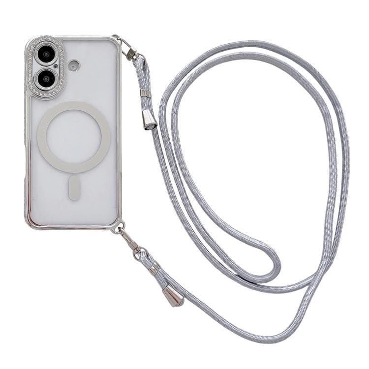 For iPhone 17 Rhinestone Clear Acrylic Electroplated Magnetic Phone Case with Right-Side Crossbody Lanyard(Silver) - Immagine 1