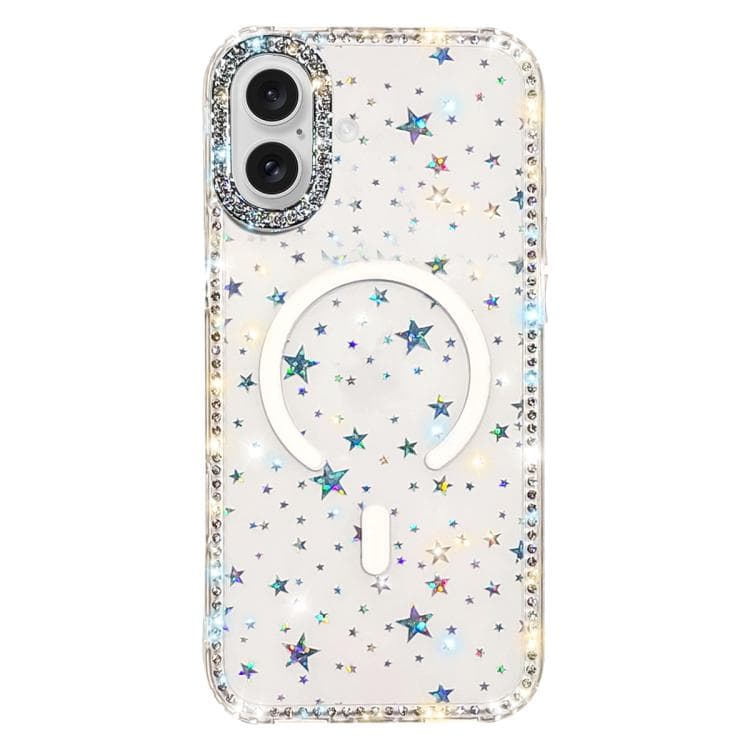 For iPhone 17 Rhinestone Dual-side IMD PC Hybrid TPU Magnetic Phone Case(Stars Transparent) - Immagine 1