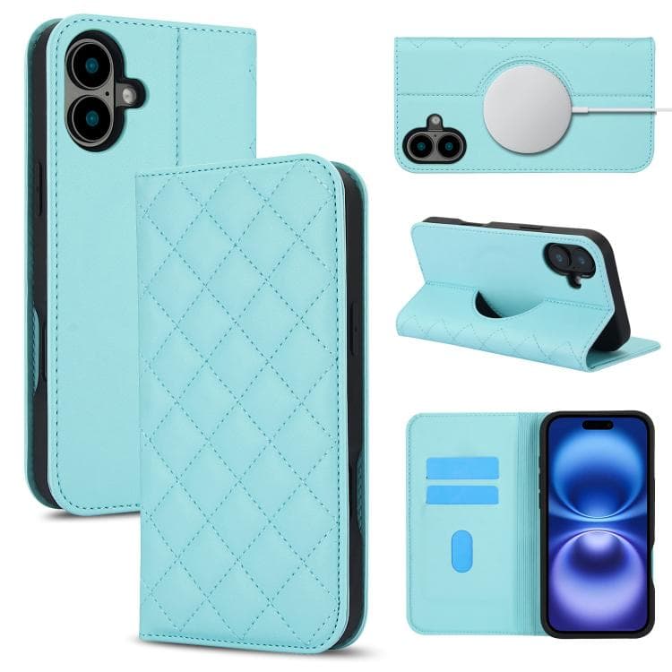 For iPhone 17 Rhombic MagSafe RFID Anti-Theft Wallet Leather Phone Case(Sky Blue) - Immagine 1