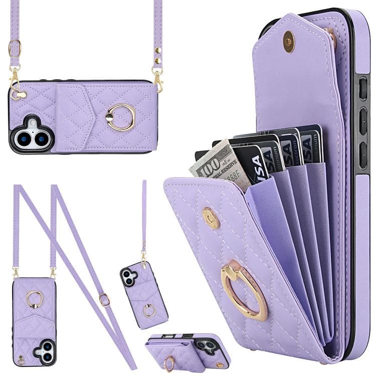 For iPhone 17 Rhombic Texture Card Bag Phone Case with Long Lanyard(Light Purple) - Immagine 1
