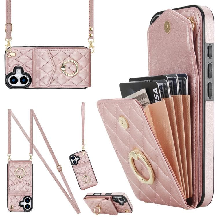 For iPhone 17 Rhombic Texture Card Bag Phone Case with Long Lanyard(Rose Gold) - Immagine 1