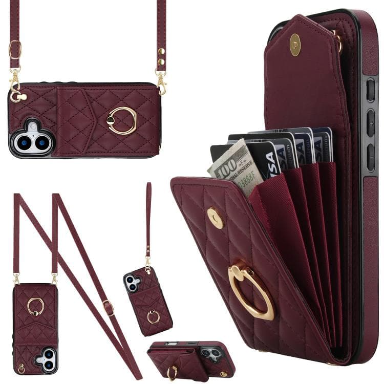 For iPhone 17 Rhombic Texture Card Bag Phone Case with Long Lanyard(Wine Red) - Immagine 1