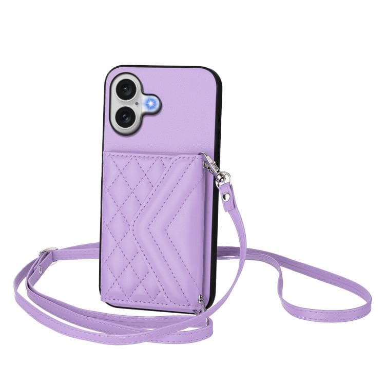 For iPhone 17 Rhombic Texture Card Bag RFID Phone Case with Long Lanyard(Light Purple) - Immagine 1