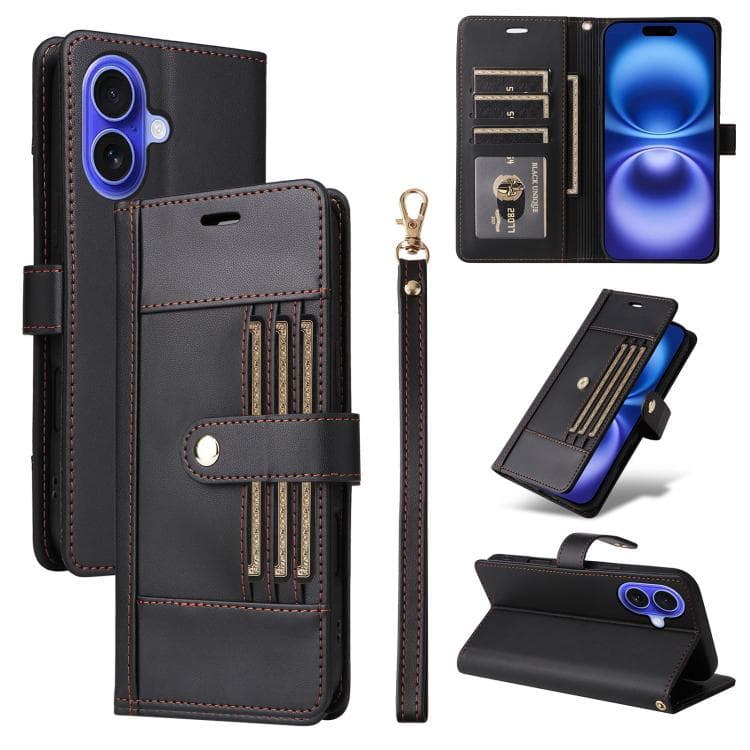 For iPhone 17 Six Card Slots Buckle Leather Phone Case with Lanyard(Black) - Immagine 1