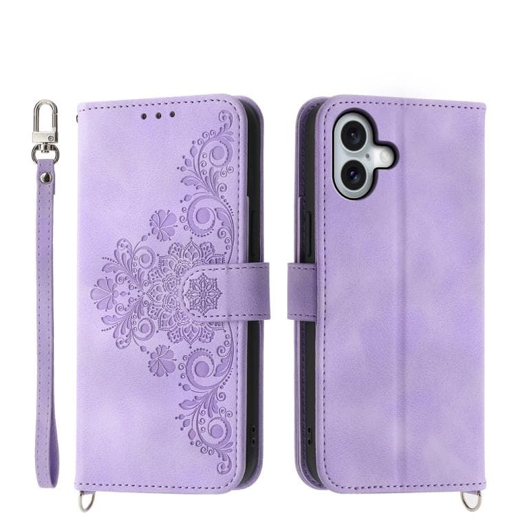 For iPhone 17 Skin-feel Flowers Embossed Wallet Leather Phone Case(Purple) - Immagine 1