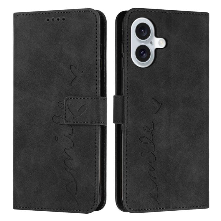 For iPhone 17 Skin Feel Heart Embossed Leather Phone Case with Long Lanyard(Black) - Immagine 1