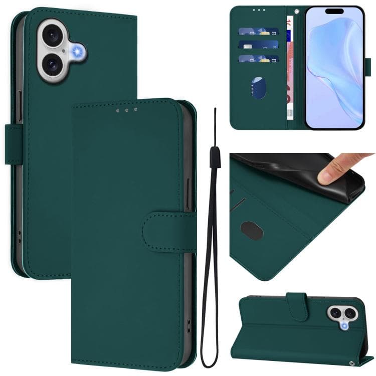 For iPhone 17 Skin Feel Solid Color Leather Phone Case with Lanyard(Dark Green) - Immagine 1