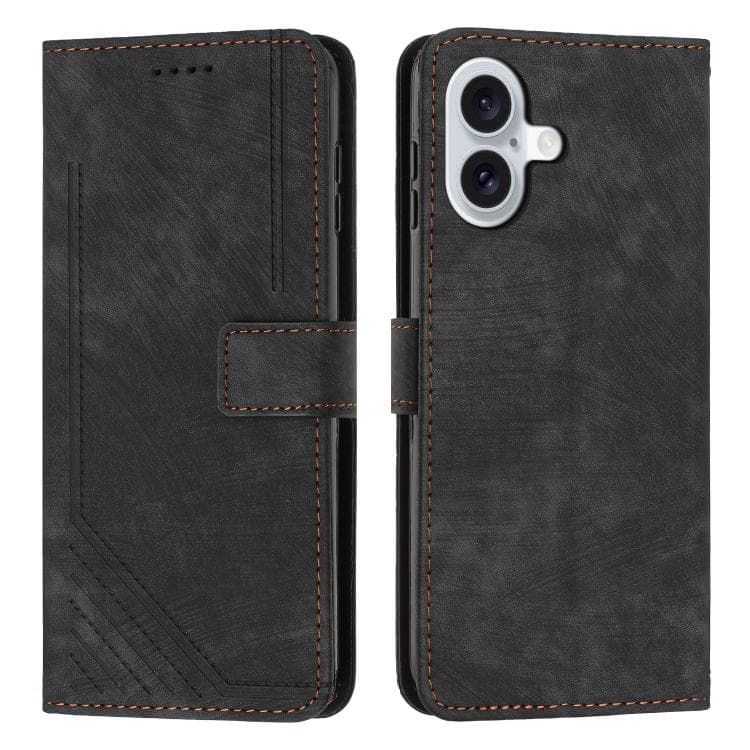 For iPhone 17 Skin Feel Stripe Pattern Leather Phone Case with Lanyard(Black) - Immagine 1