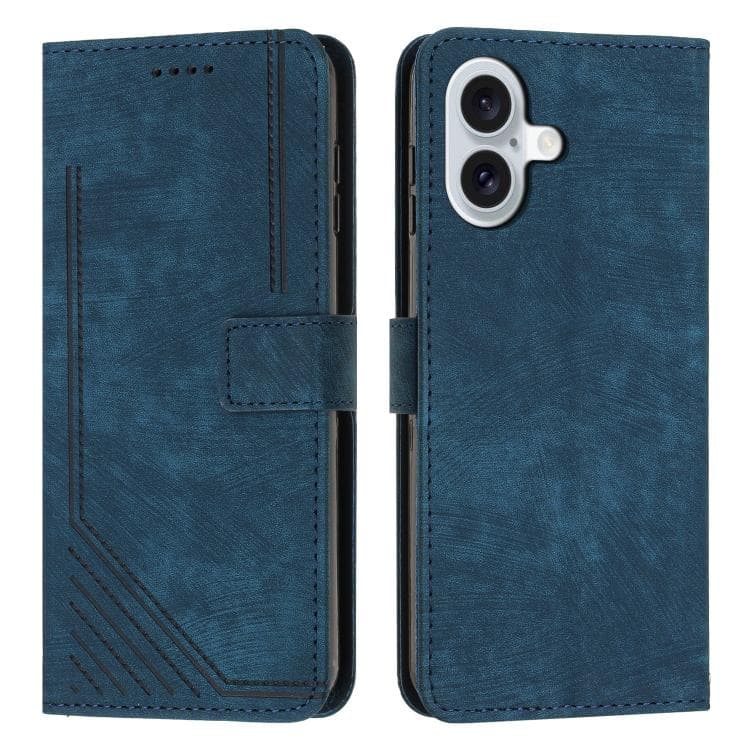 For iPhone 17 Skin Feel Stripe Pattern Leather Phone Case with Lanyard(Blue) - Immagine 1