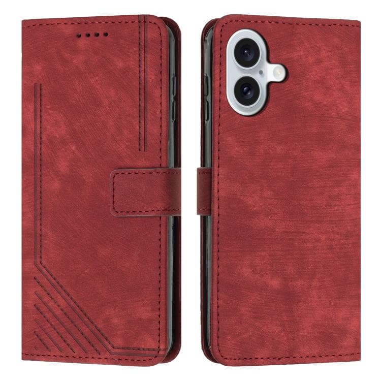 For iPhone 17 Skin Feel Stripe Pattern Leather Phone Case with Lanyard(Red) - Immagine 1
