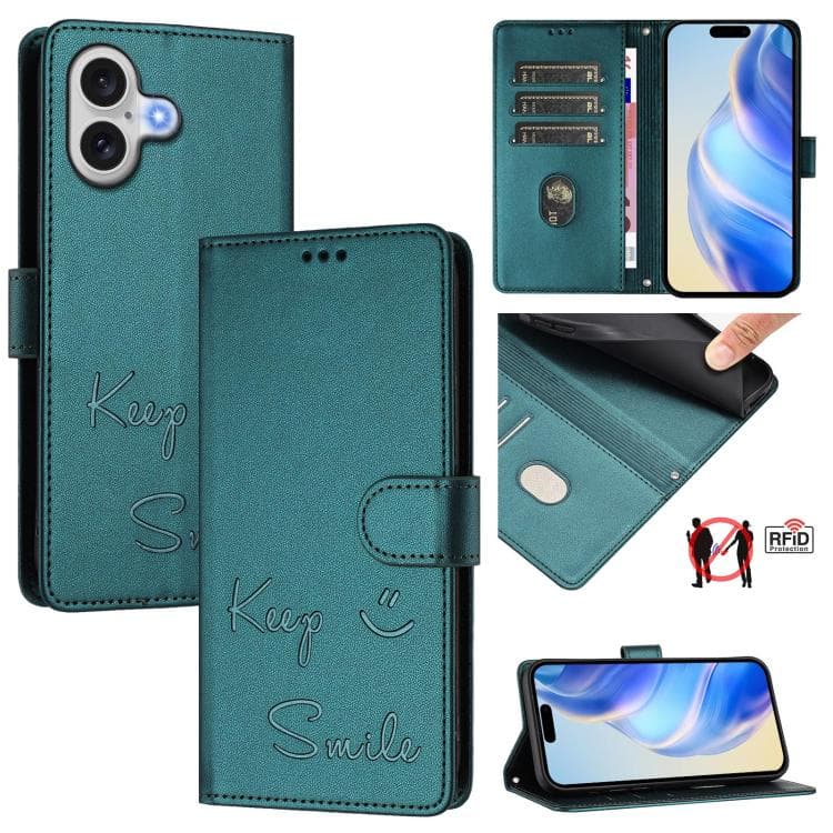 For iPhone 17 Smile Embossing RFID Leather Phone Case(Peacock Green) - Immagine 1