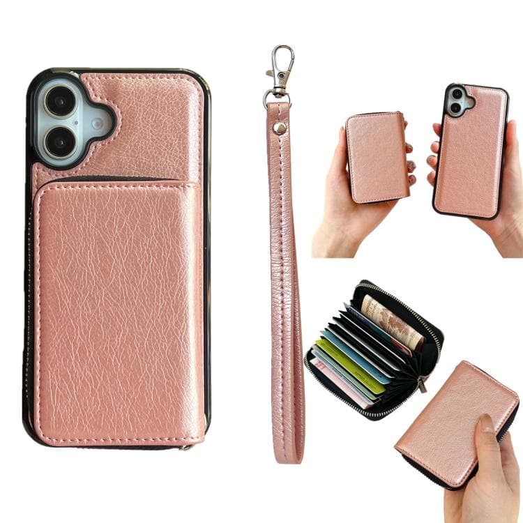For iPhone 17 Solid Color Zipper 11-Card Slots Bag Phone Case with Lanyard(Rose Gold) - Immagine 1