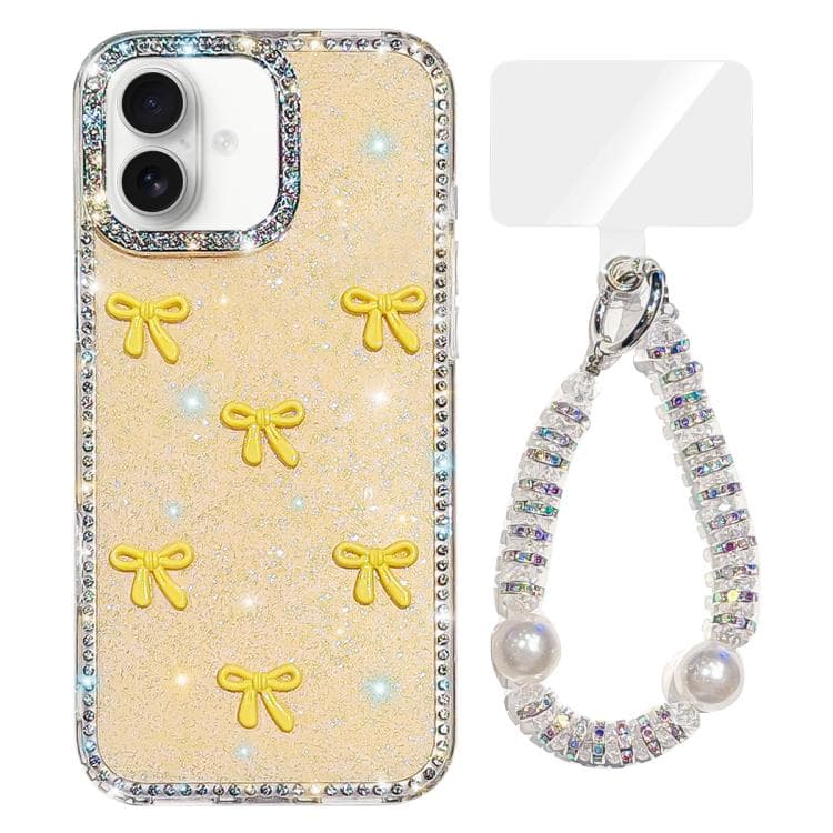 For iPhone 17 Sparkling IMD Colorful Bow Phone Case with Bracelet(Glitter Light Yellow) - Immagine 1