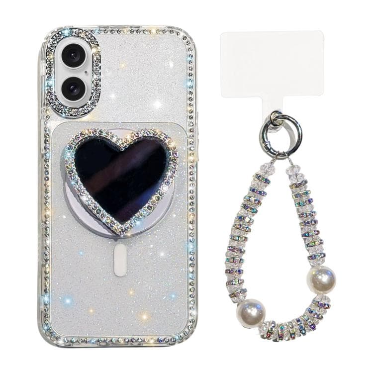 For iPhone 17 Sparkling IMD Heart-Shaped Mirror Magnetic Phone Case with Bracelet(Glitter Transparent) - Immagine 1