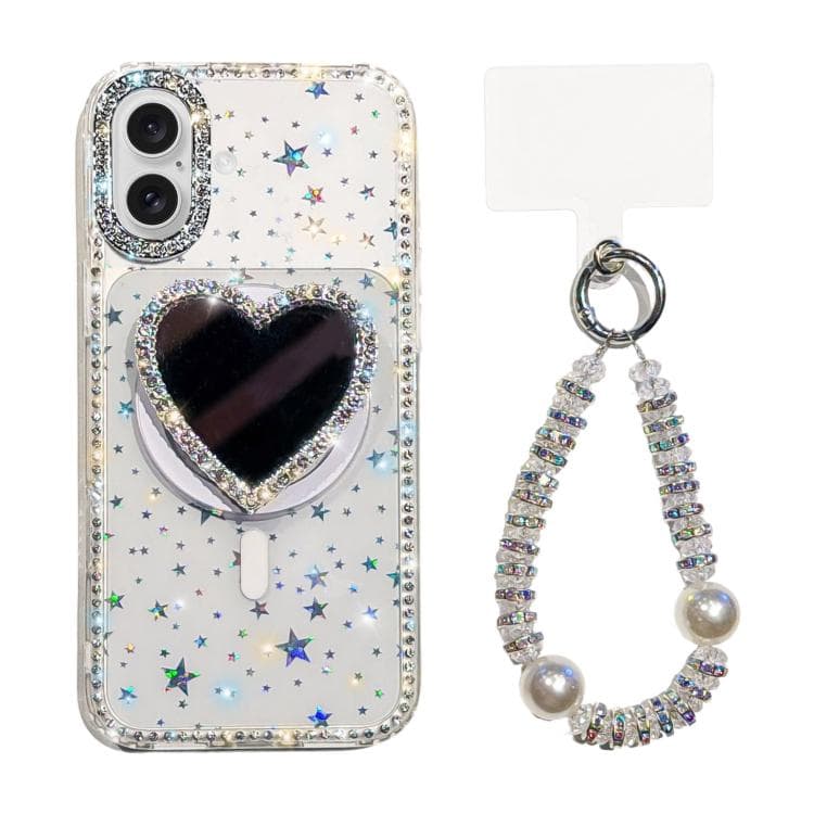 For iPhone 17 Sparkling IMD Heart-Shaped Mirror Magnetic Phone Case with Bracelet(Star Transparent) - Immagine 1