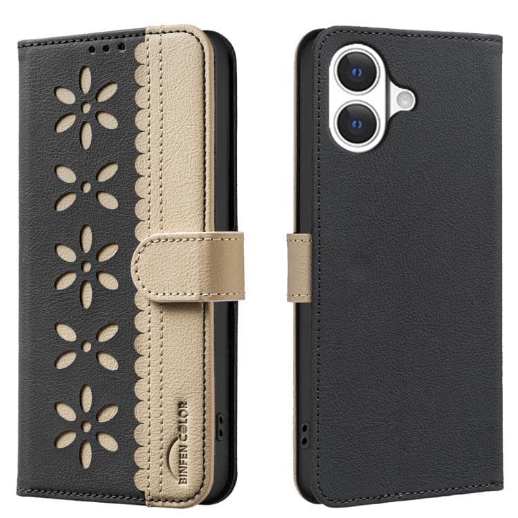 For iPhone 17 Splicing Color Hollow Flower Pattern RFID Leather Phone Case(Black) - Immagine 1
