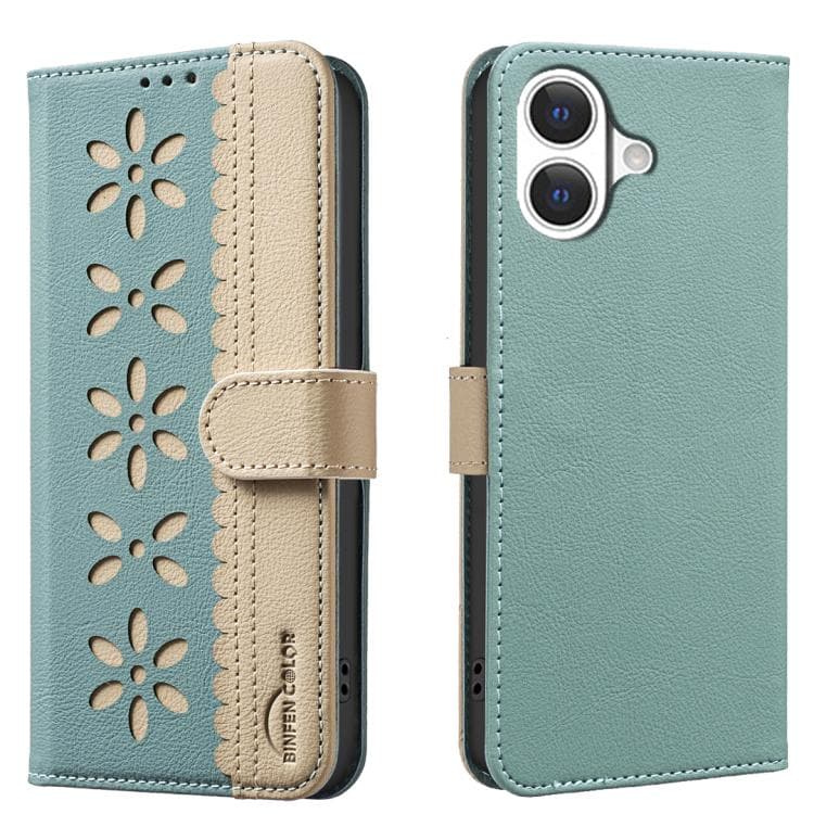 For iPhone 17 Splicing Color Hollow Flower Pattern RFID Leather Phone Case(Green) - Immagine 1