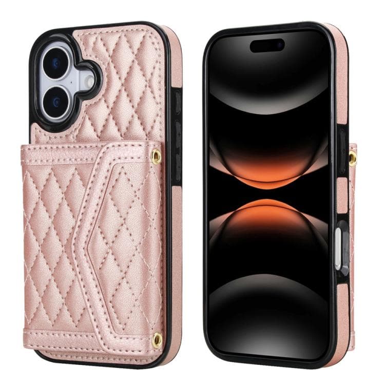For iPhone 17 Splicing Rhombic Texture Card Bag Phone Case with Long Lanyard(Rose Gold) - Immagine 1
