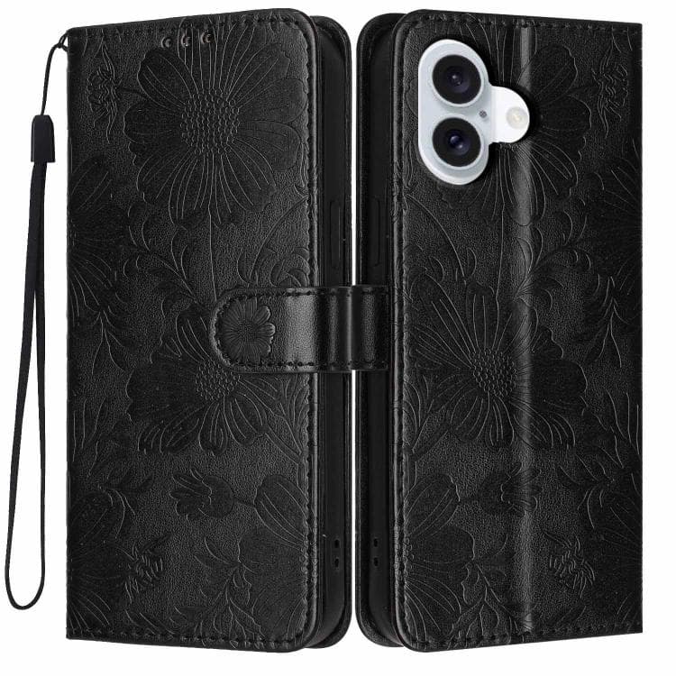 For iPhone 17 Sunflower Embossed Vegan Leather Phone Case with Small Black Rope(Black) - Immagine 1