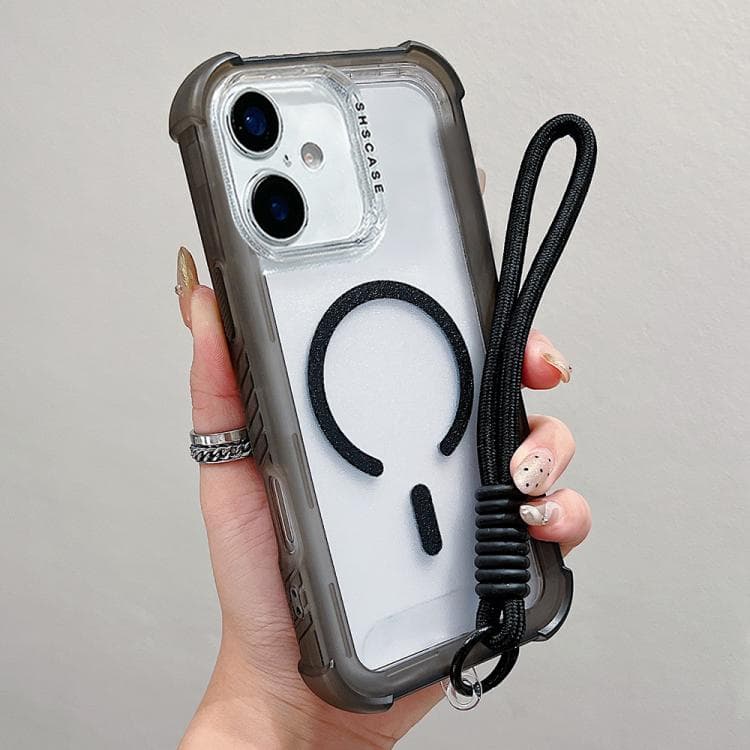For iPhone 17 Transparent Matte TPU Hybrid PC 3-in-1 MagSafe Phone Case with Wrist Strap(Black) - Immagine 1