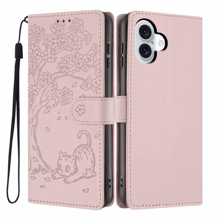 For iPhone 17 Tree Cat Embossed Flip Vegan Leather Phone Case(Rose Gold) - Immagine 1