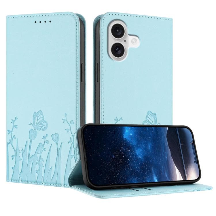 For iPhone 17 Tulips Butterfly Pattern Magnetic Vegan Leather Phone Case(Light Blue) - Immagine 1