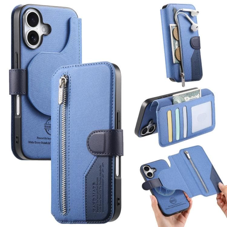 For iPhone 17 Twill Fabric MagSafe RFID Anti-theft Zipper Wallet Leather Phone Case(Dark Blue) - Immagine 1