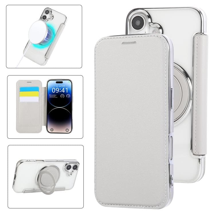 For iPhone 17 Ultra-thin Rotation Holder Magnetic Plating Vegan Leather Phone Case(Grayish White) - Immagine 1