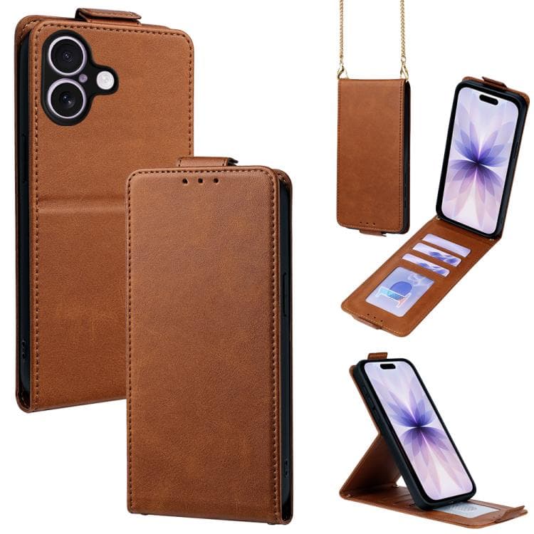 For iPhone 17 Vertical Flip Cover Solid Color Vegan Leather Phone Case with Crossbody Chain(Brown) - Immagine 1