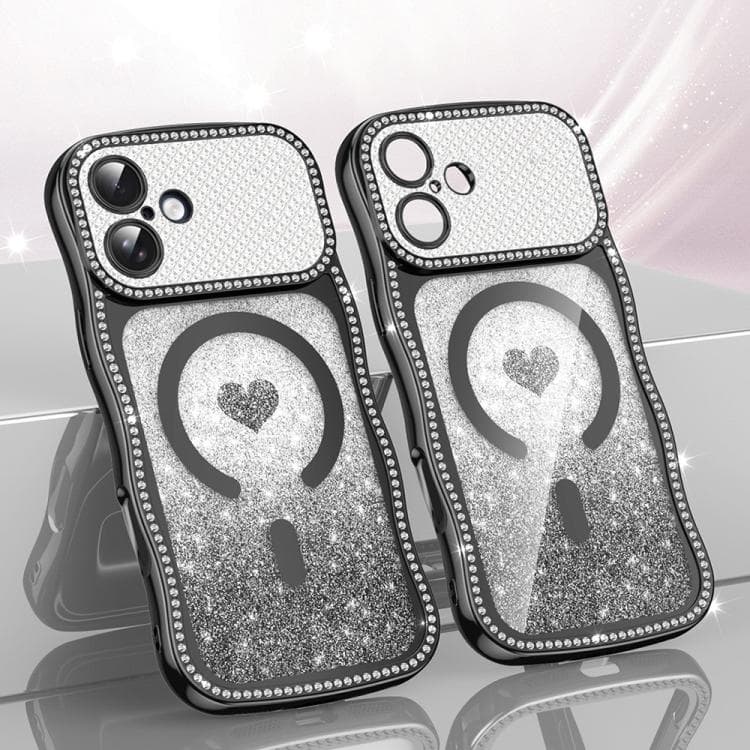 For iPhone 17 Wavy Frame Star Diamond Electroplate TPU Glitter Heart Magnetic Phone Case(Gradient Black) - Immagine 1