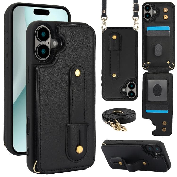 For iPhone 17 Wristband Vertical Flip Wallet Back Cover Phone Case with Long Lanyard(Black) - Immagine 1