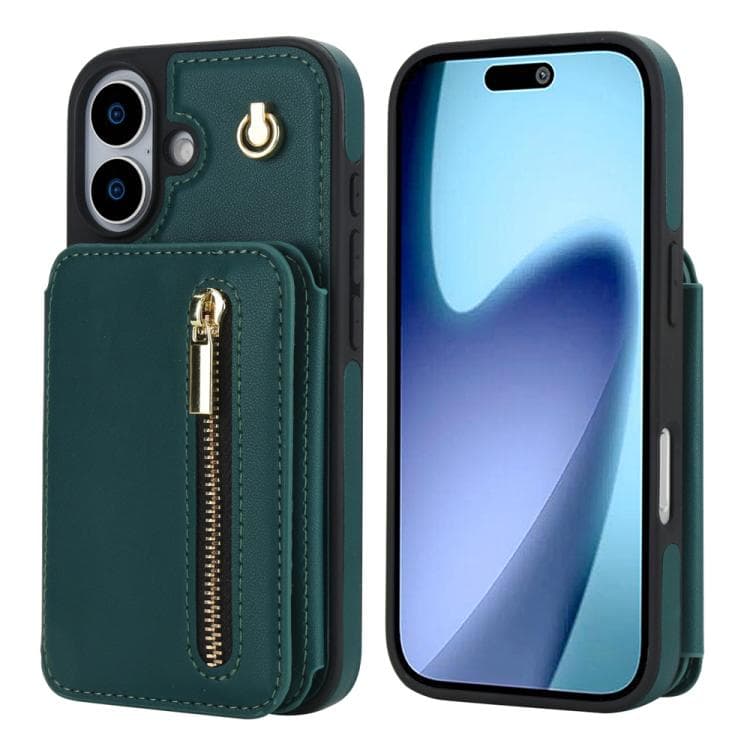 For iPhone 17 YM006 Skin Feel Zipper Card Bag Phone Case with Dual Lanyard(Green) - Immagine 1