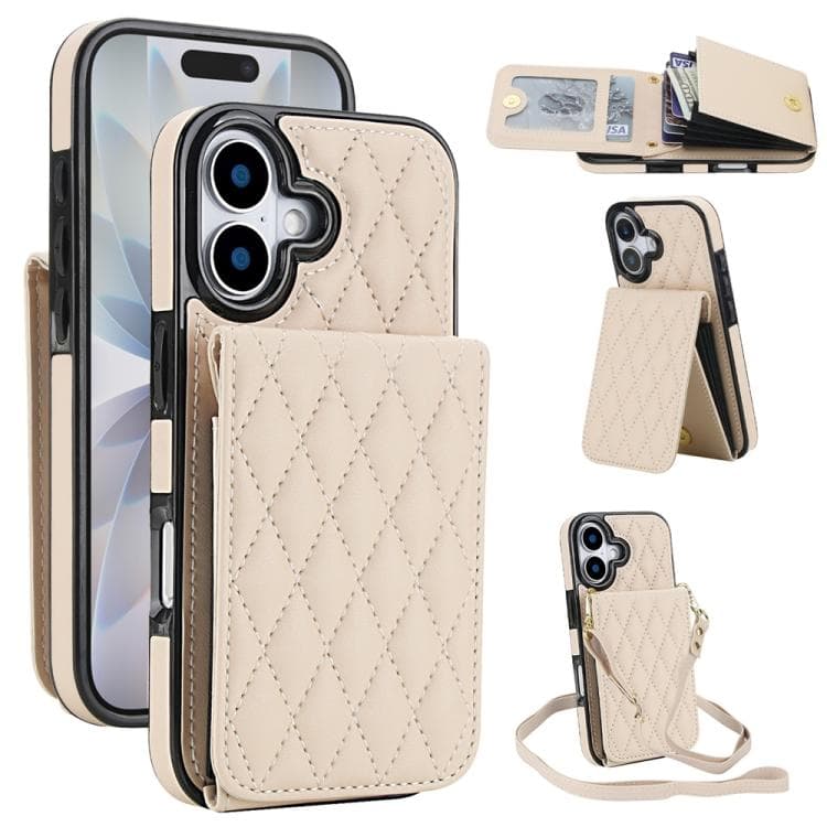 For iPhone 17 YM015 Crossbody Rhombic Card Bag RFID Phone Case(White) - Immagine 1