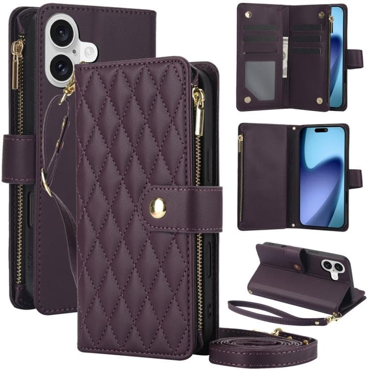 For iPhone 17 YM016 Rhombic Zipper Card Wallet Leather Phone Case with Lanyard(Dark Purple) - Immagine 1