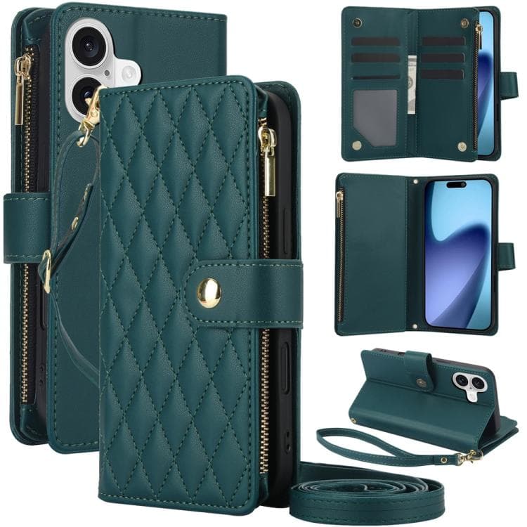 For iPhone 17 YM016 Rhombic Zipper Card Wallet Leather Phone Case with Lanyard(Green) - Immagine 1