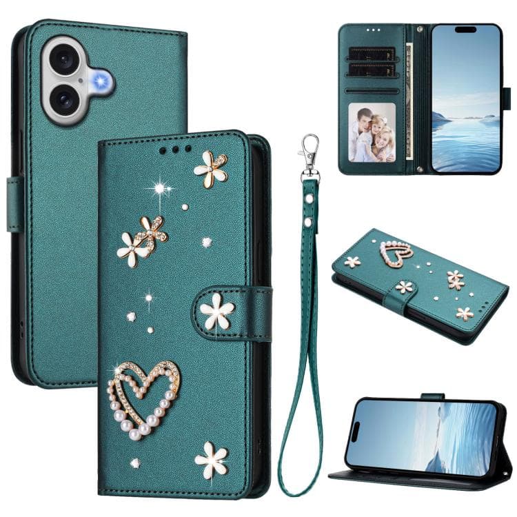 For iPhone 17 ZS01 Double-Layer Heart Floral Vegan Leather Phone Case with Wrist Strap(Dark Green) - Immagine 1