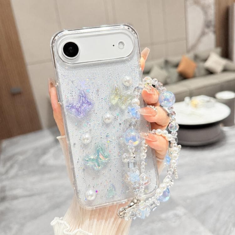 For iPhone Air 3D Four-Butterfly Glitter Epoxy TPU Phone Case with Bracelet Chain(Blue) - Immagine 1