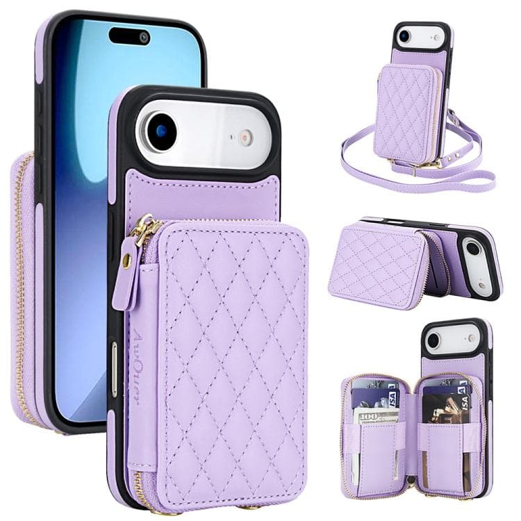 For iPhone Air AwQuer Crossbody Zipper Wallet Rhombic Leather Back Phone Case(Purple) - Immagine 1