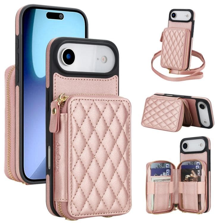 For iPhone Air AwQuer Crossbody Zipper Wallet Rhombic Leather Back Phone Case(Rose Gold) - Immagine 1