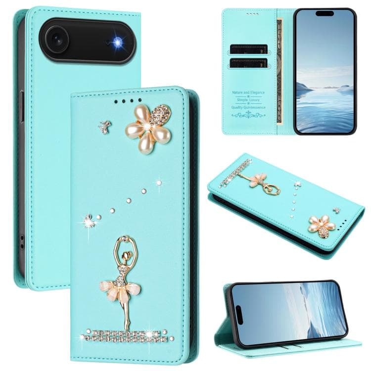For iPhone Air Ballet Girl Diamond Studded RFID Vegan Leather Phone Case(Mint Green) - Immagine 1