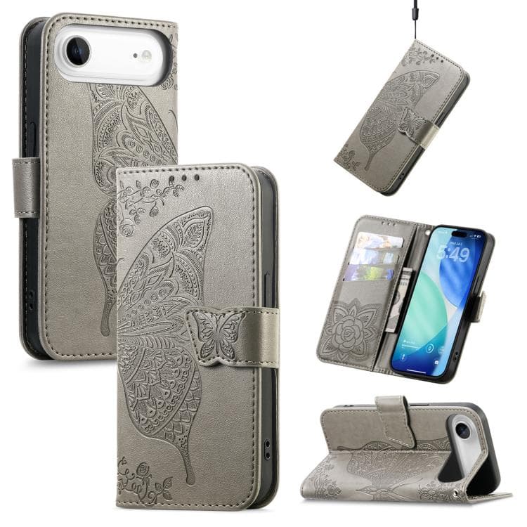 For iPhone Air Butterfly Love Flower Embossed Leather Phone Case(Gray) - Immagine 1