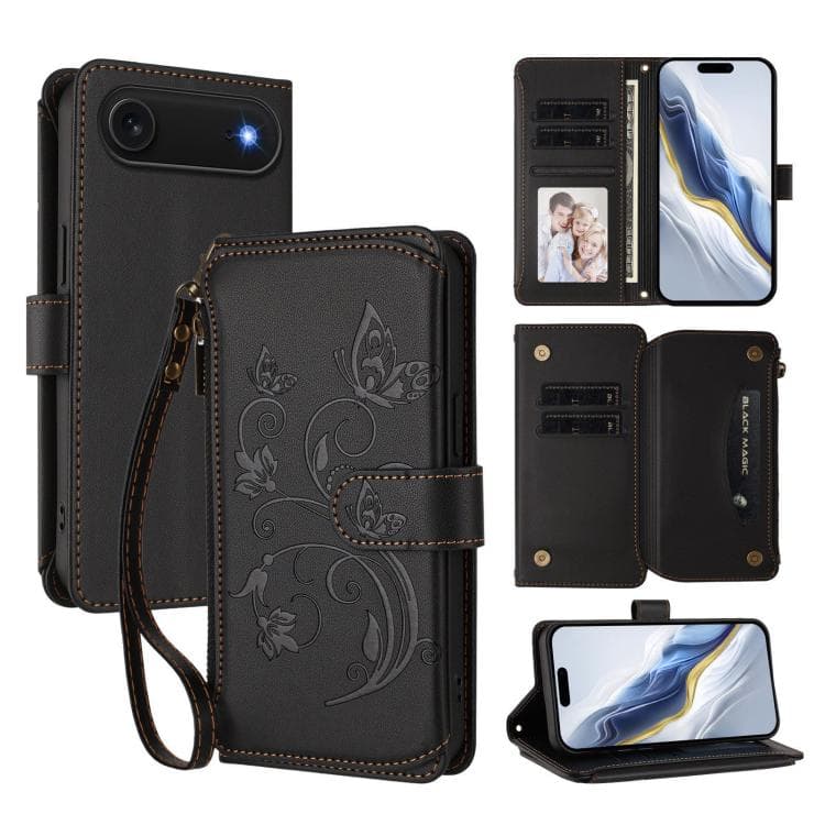 For iPhone Air Butterfly Love Flower Multi-card Zipper Wallet Leather Phone Case(Black) - Immagine 1