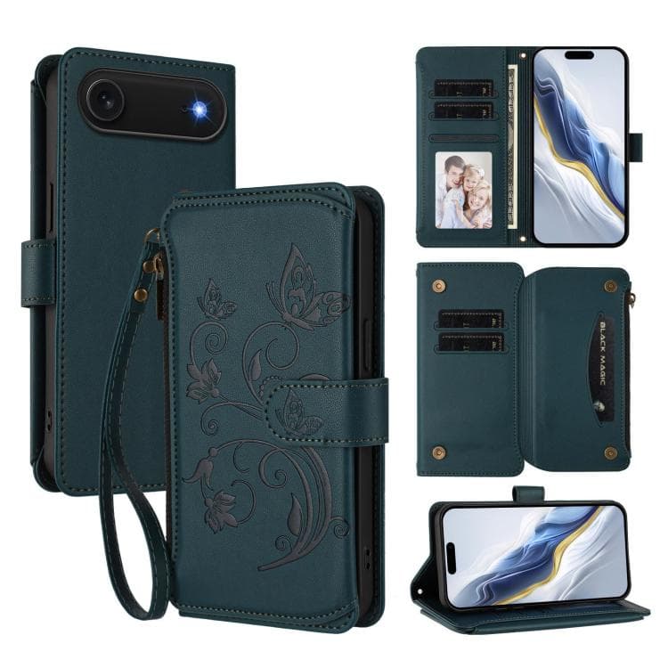 For iPhone Air Butterfly Love Flower Multi-card Zipper Wallet Leather Phone Case(Dark Green) - Immagine 1