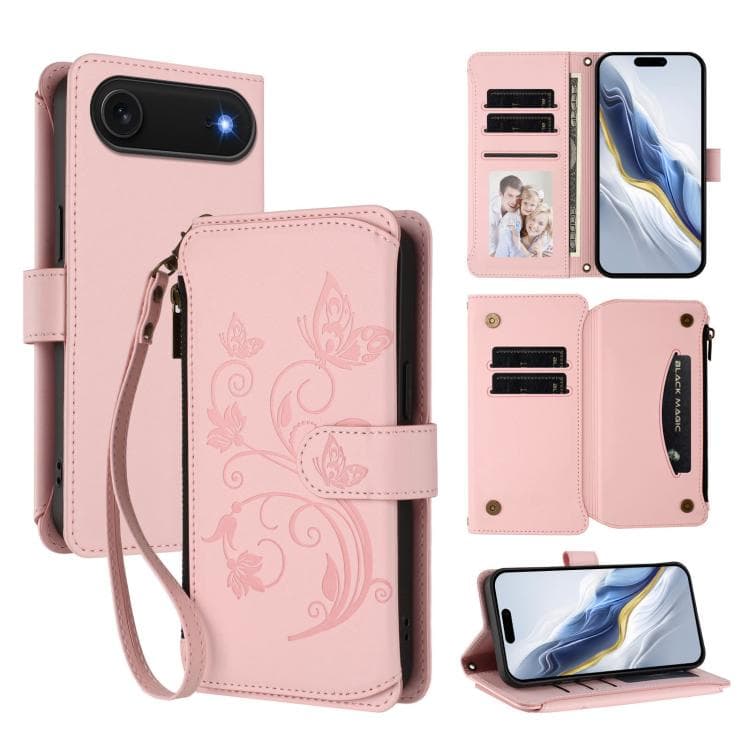 For iPhone Air Butterfly Love Flower Multi-card Zipper Wallet Leather Phone Case(Pink) - Immagine 1